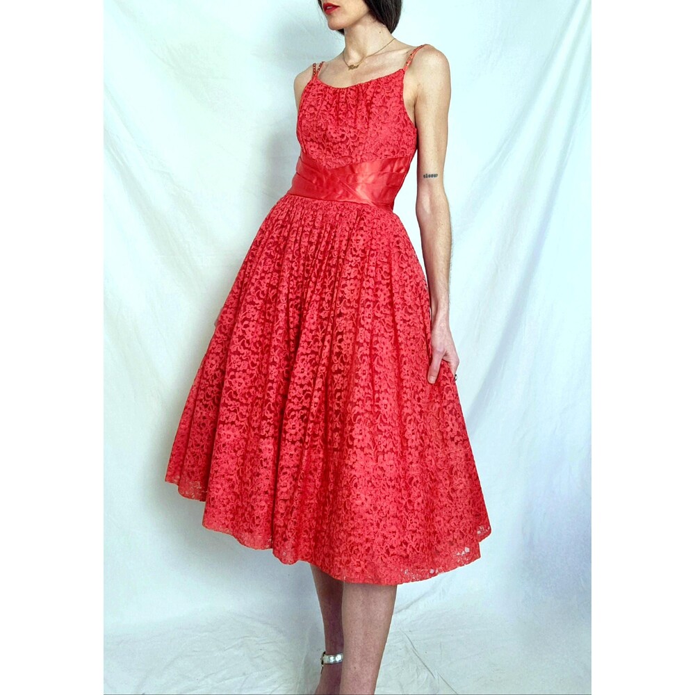 Vintage 1960s Coral Lace Dress: Fit and Flare Formal Midi Dress, Women's Small